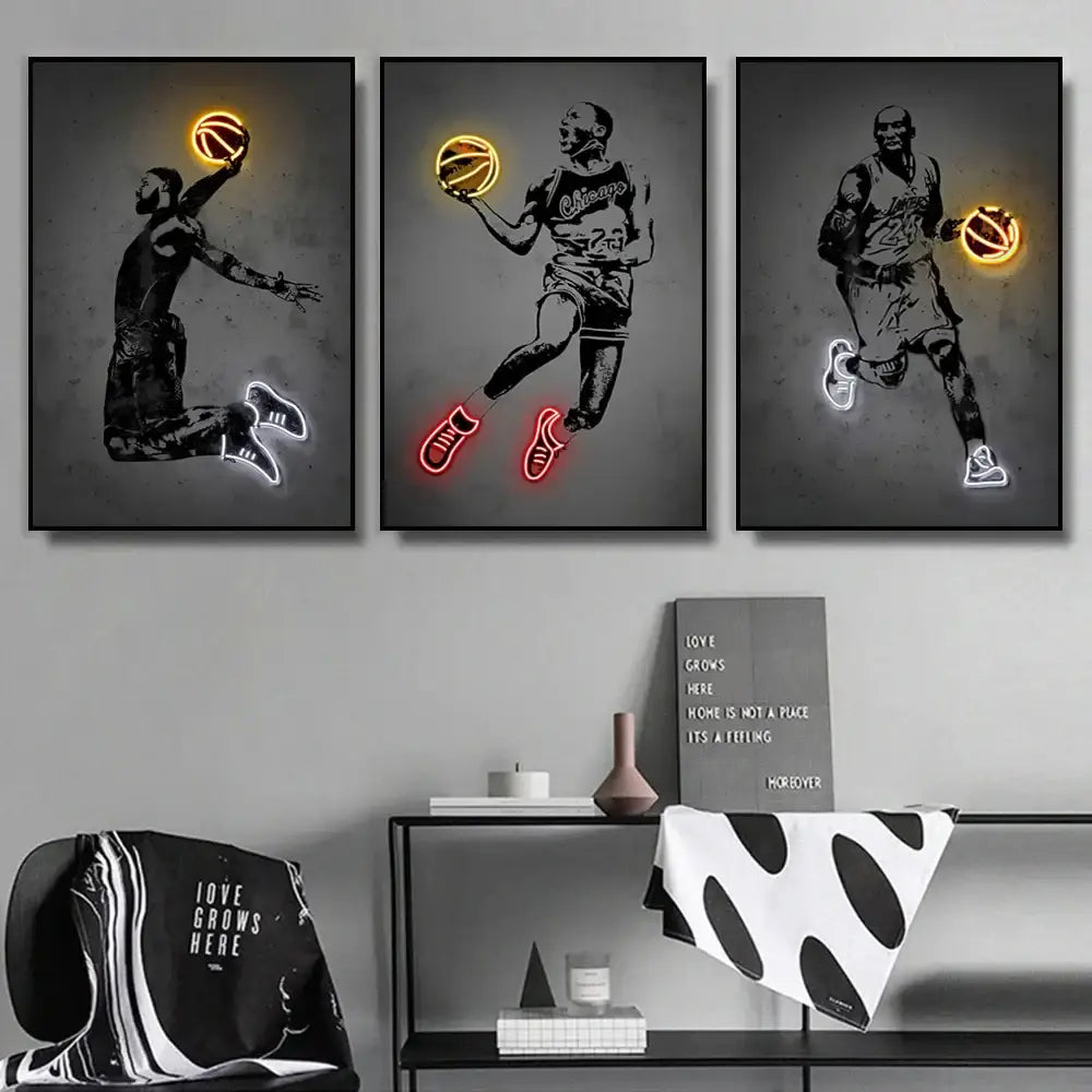 Three framed DecorBites™ sports stars neon wall art prints featuring basketball players with glowing orange balls