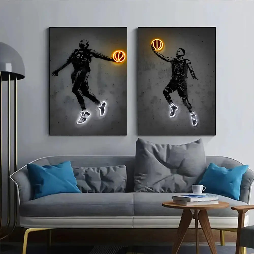 DecorBites™ sports stars neon wall art features two black-and-white canvases with glowing orange hoops and white outlines