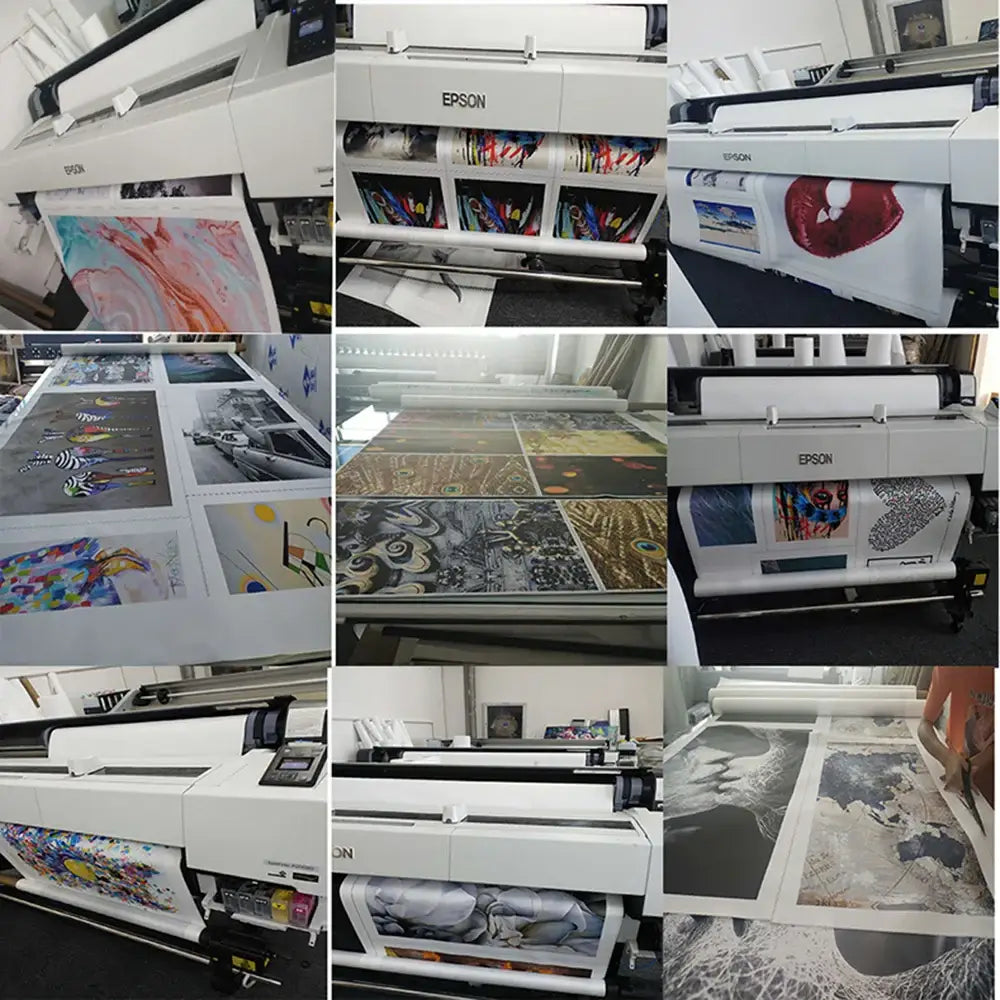 White epson large-format printer producing colorful decorbites™ sports stars neon wall art prints with multiple ink cartridges