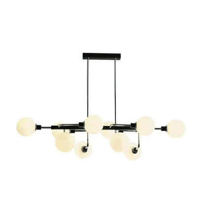 Modern black and chrome sputnik hanging island light with frosted glass globe lamps for dining room illumination
