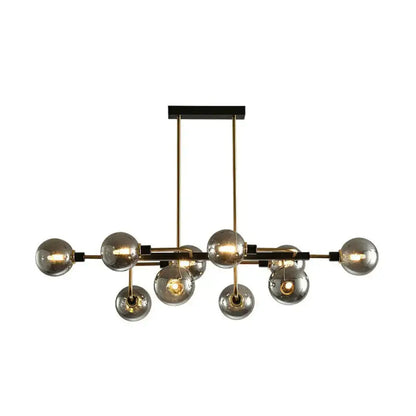 Modern brass and smoked glass sputnik hanging island light with spherical bulbs for dining room decor by DecorBites™
