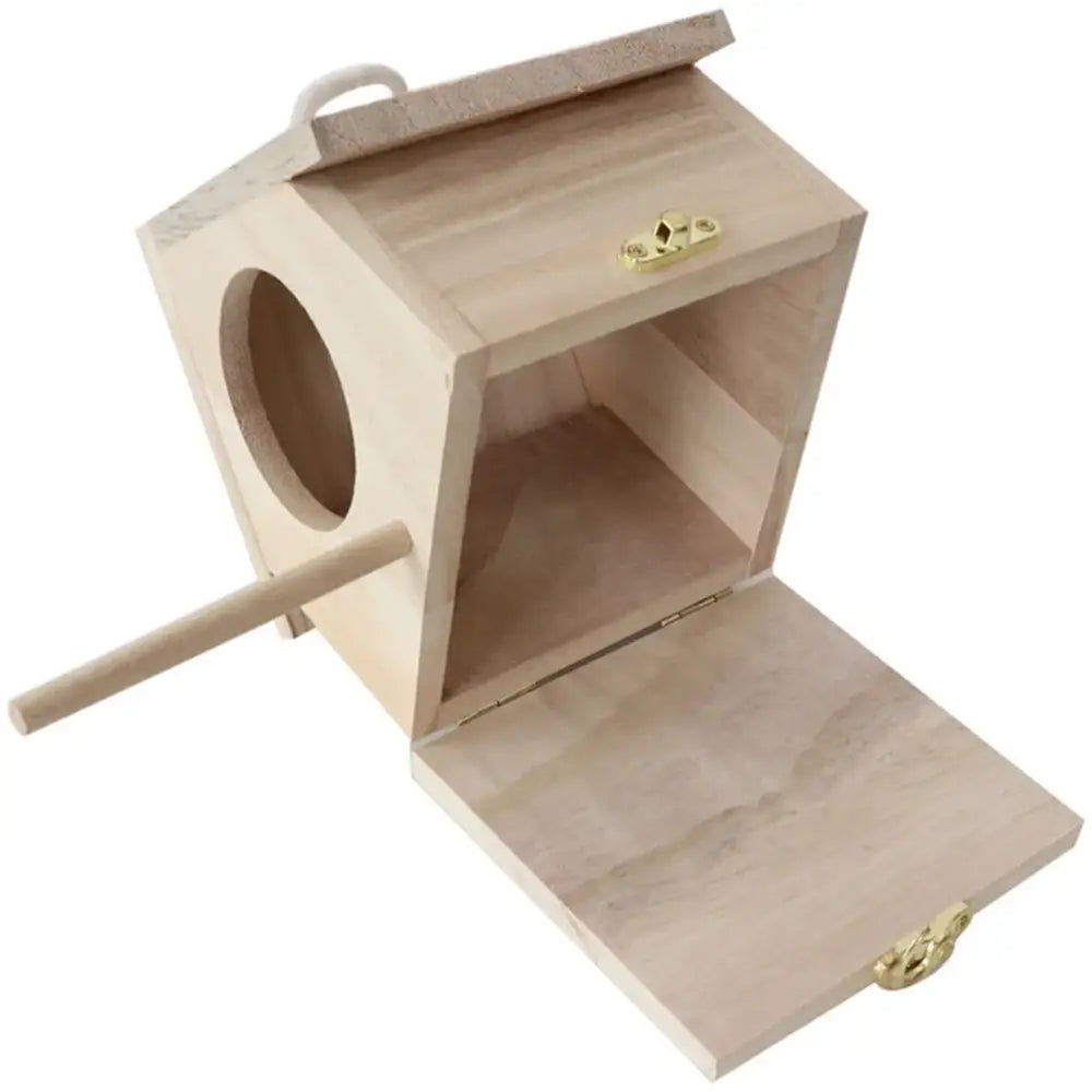 Light-colored wooden decorbites™ squirrel feeder bird house with circular entrance and brass-latched hinged lid nesting box