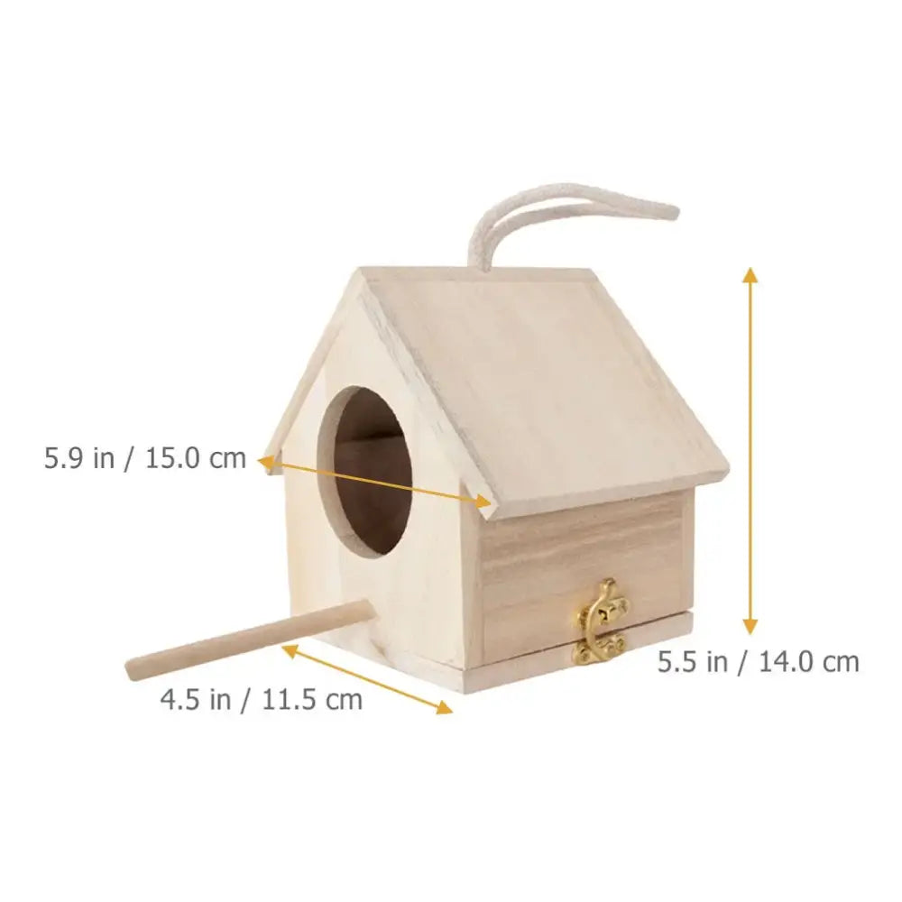 Light-colored wooden bird house nesting box with gold latch and rope handle for feeder squirrel nesting by decorbites