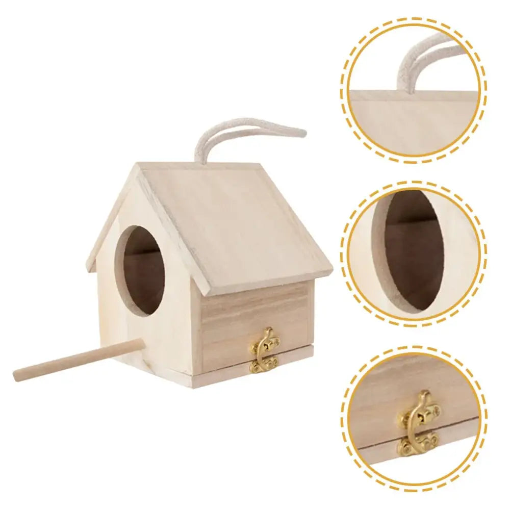 Light-colored wooden feeder squirrel nesting bird house with circular entrance gold-tone latch and rope handle by decorbites