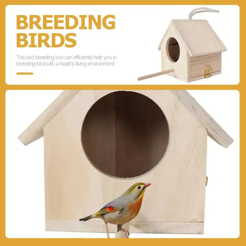 A light-colored wooden DecorBites™ feeder squirrel nesting box with circular entrance and small golden latch