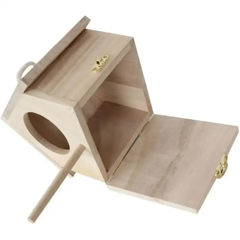 Light-colored wooden bird house nesting box with circular entrance hinged lid brass latches and attached perch for feeder squirrel nesting