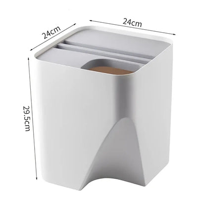 White rectangular decorbites stackable trash bin with sleek modern design and curved base for kitchen recycling use