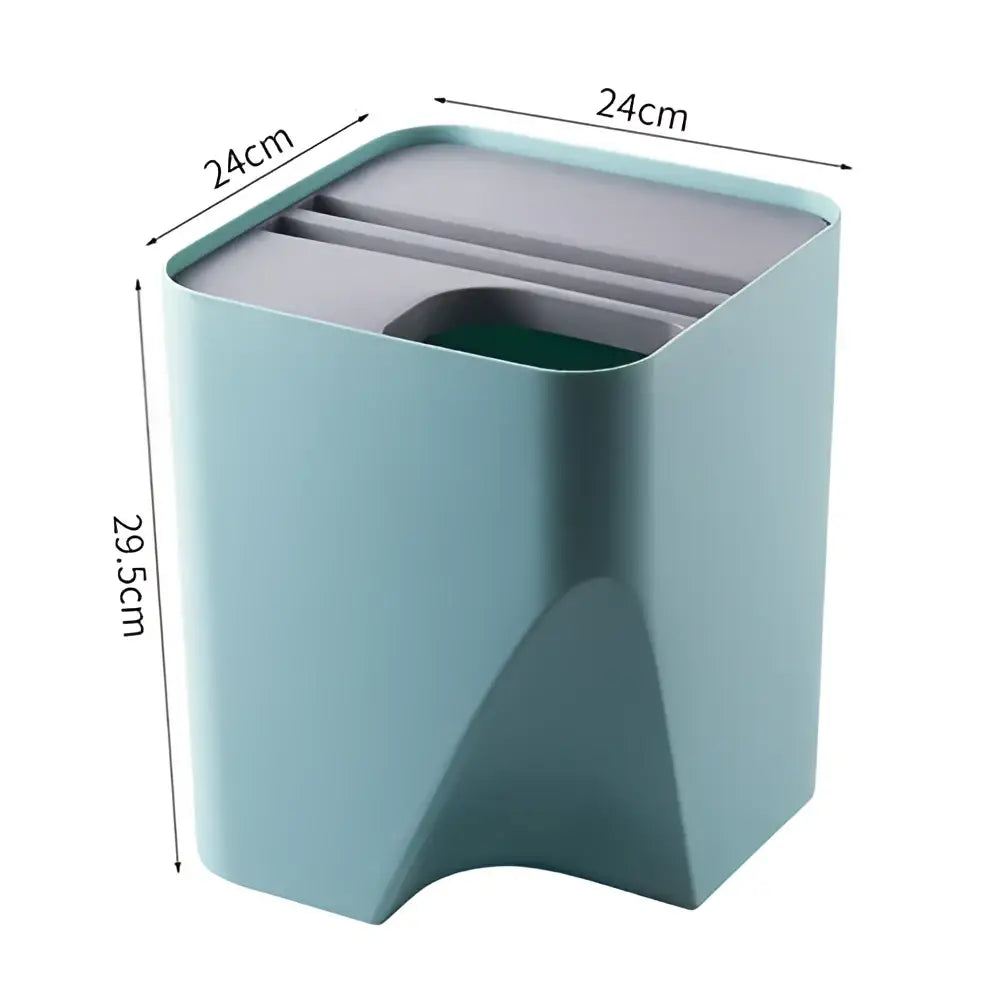 Light blue decorbites stackable trash bin with gray interior and three compartments for kitchen recycling
