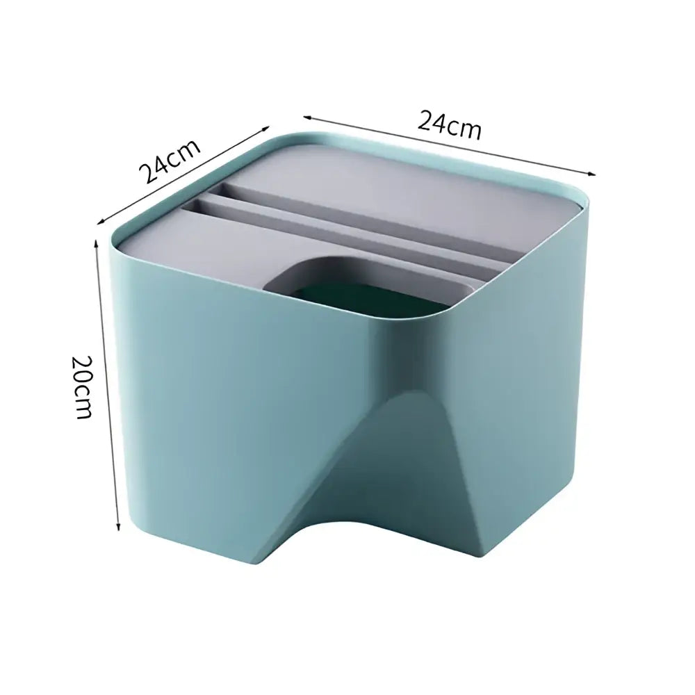 A sleek light teal plastic organizer with geometric design and compartments for decorbites stackable trash sorting