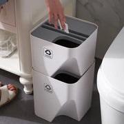 Decorbites stackable trash white and gray dual-compartment recycling bin with labeled compartments for recyclables and trash