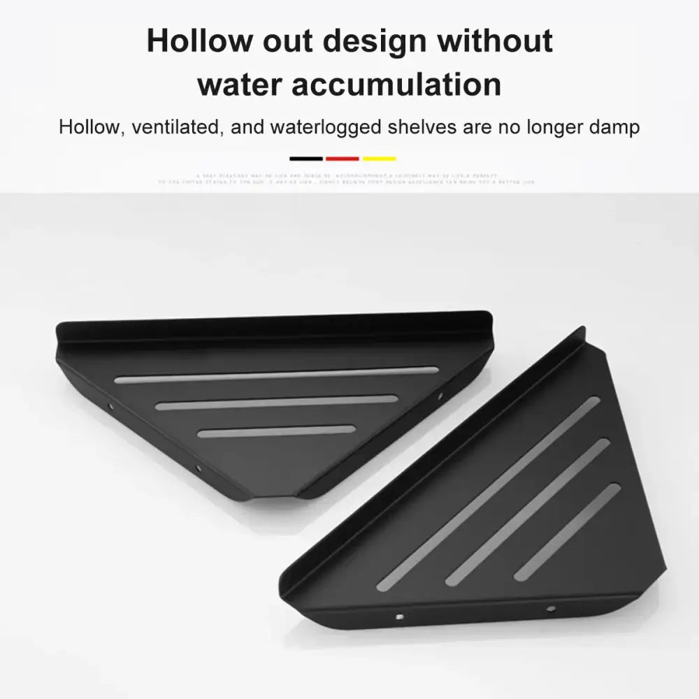Black stainless steel corner shower shelf organizer with triangular ventilated design and three drainage slits