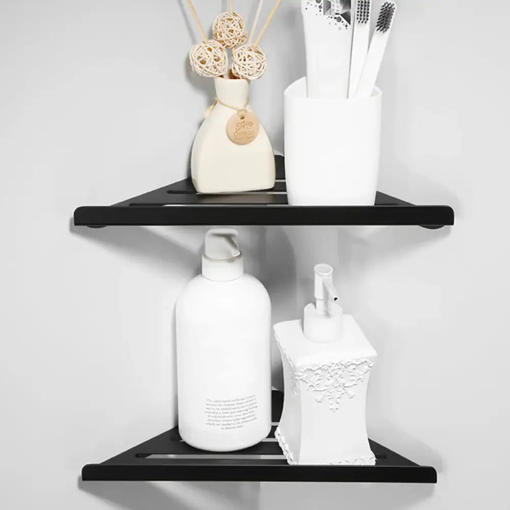 Decorbites™ stainless steel black matte corner shower shelf organizer with triangular wall-mounted design