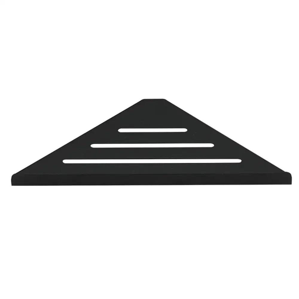 Black triangular stainless steel corner shower shelf with three horizontal slots by DecorBites™ for organized storage