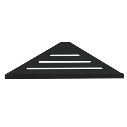 Black triangular stainless steel corner shower shelf with three horizontal slots by DecorBites™ for organized storage