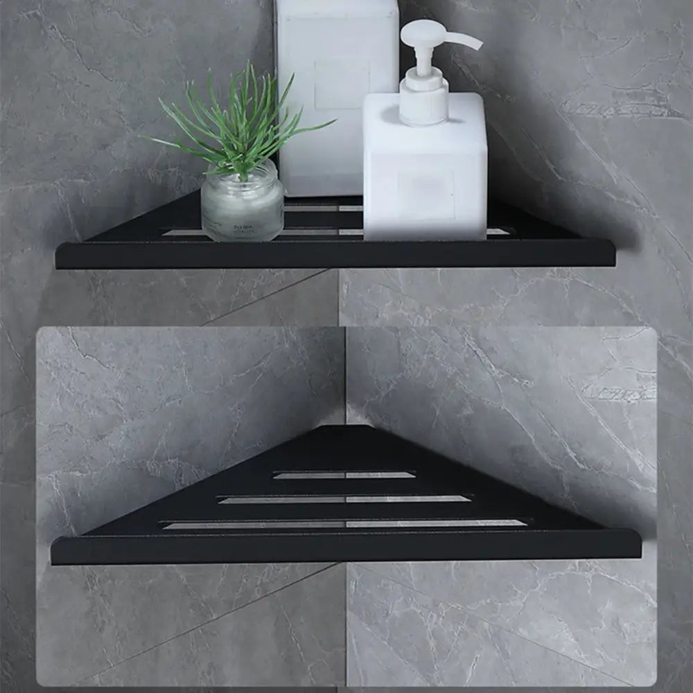 DecorBites™ black matte stainless steel corner shower shelf with triangular design and horizontal slats for bathroom use