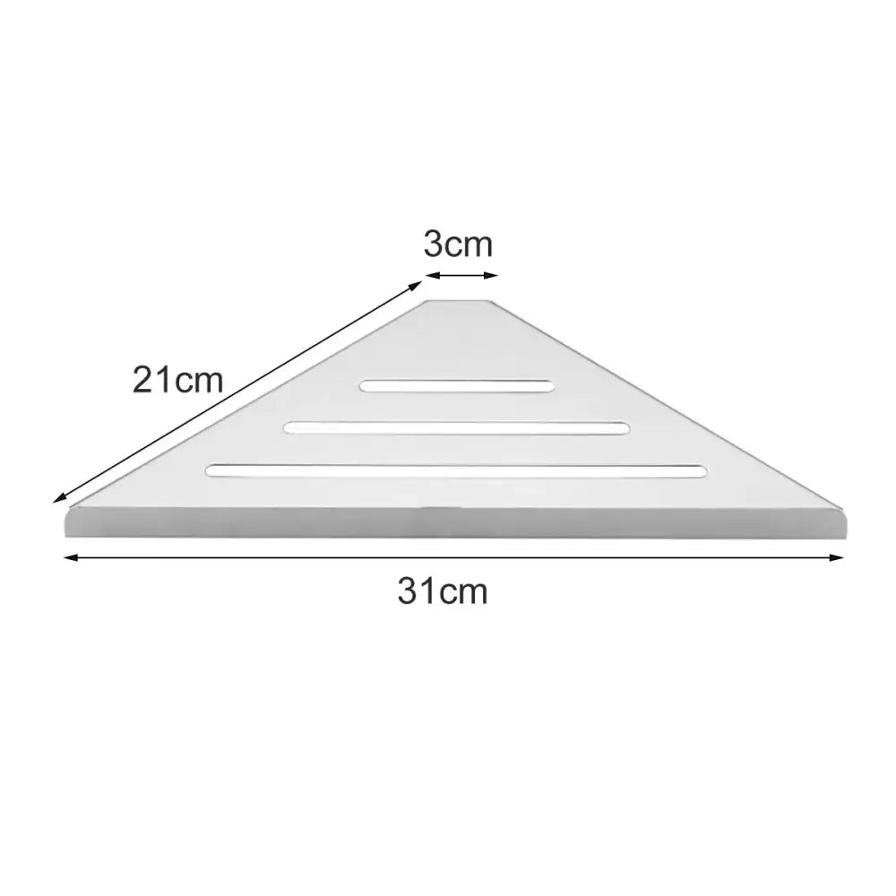 DecorBites™ stainless steel silver triangular corner shower shelf with three slots measuring 31cm by 21cm by 3cm