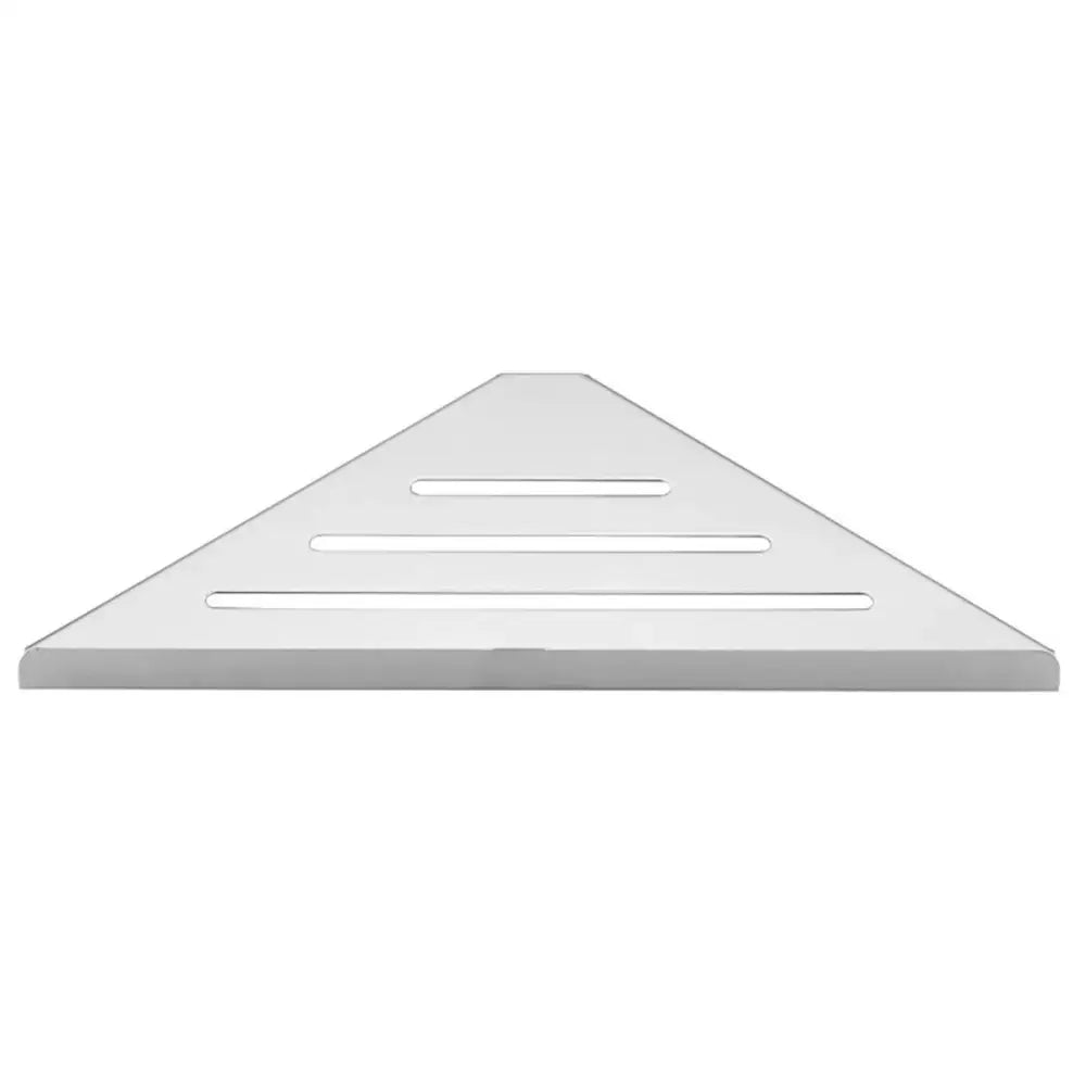 Triangular DecorBites stainless steel corner shower shelf organizer with three white metal horizontal slots