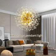 DecorBites starry sky crystal pendant light with golden dandelion design and warm glowing bulbs for elegant lighting