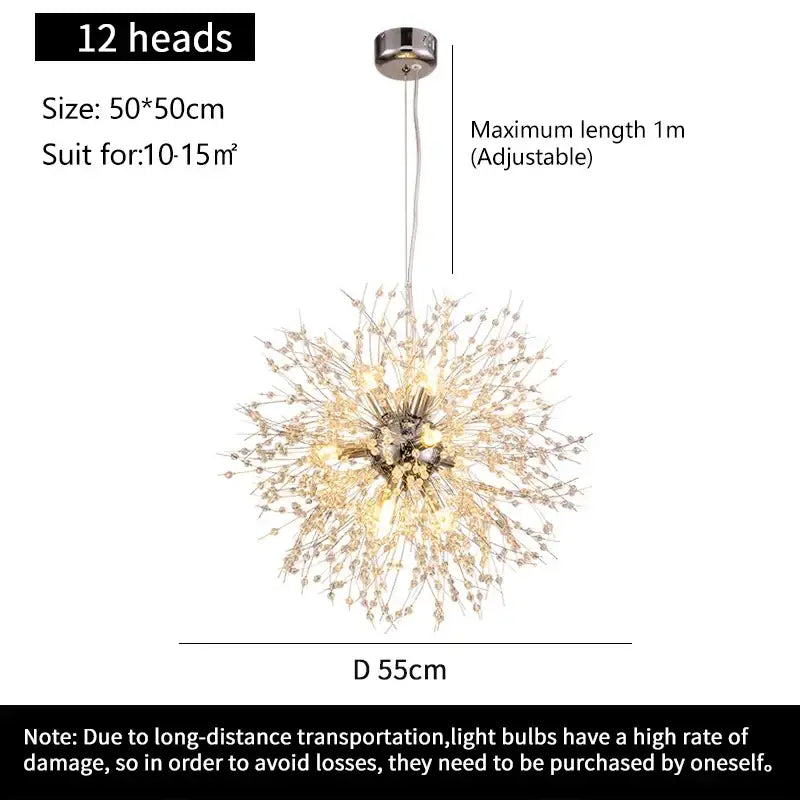 DecorBites starry sky crystal pendant light fixture featuring a sparkling silver 12-light dandelion seed head design