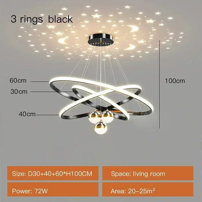 Black and white modern led chandelier with three interlocking rings and spherical lights for starry sky living room decor