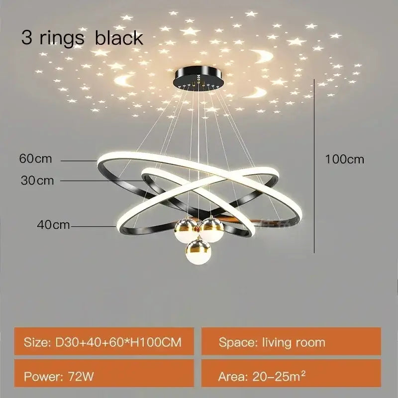 Black and white modern led chandelier with three interlocking rings and spherical lights for starry sky living room decor