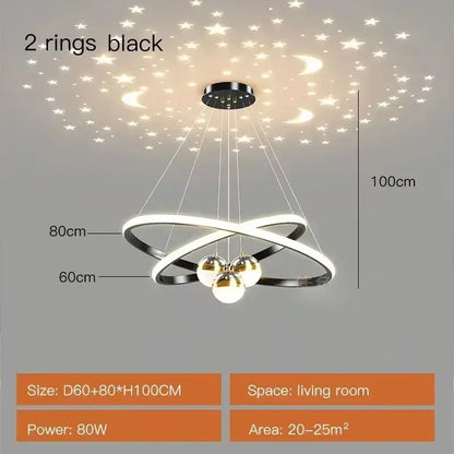 Decorbites™ starry sky led chandelier in black and white with intersecting rings and spherical bulbs for living room lighting