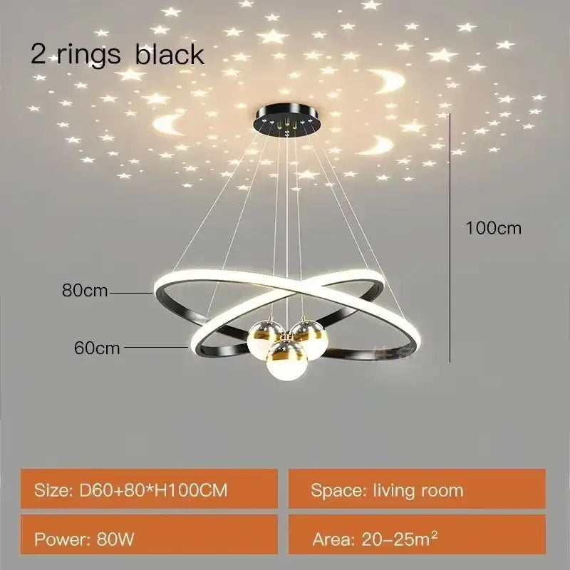 Decorbites™ starry sky led chandelier in black and white with intersecting rings and spherical bulbs for living room lighting