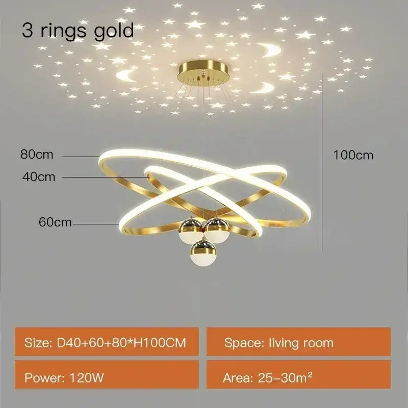 Gold-colored DecorBites™ starry sky led chandelier with three rings and spherical lights for living room ceiling decor