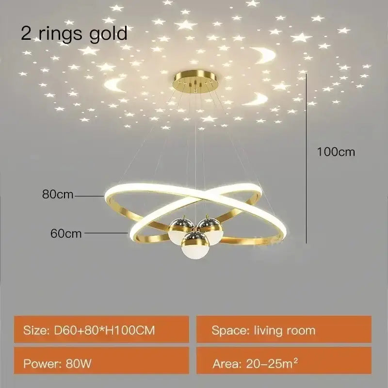 Gold-colored DecorBites™ starry sky led chandelier with interlocking rings and globe lights for living room ceiling projection