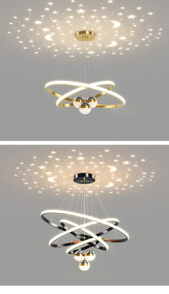 Gold-toned and black DecorBites™ starry sky led chandelier with intertwined rings and globe bulbs for living room lighting