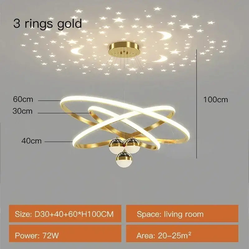 Gold-toned decorbites starry sky led chandelier with three interlocking rings and spherical lights for living room use