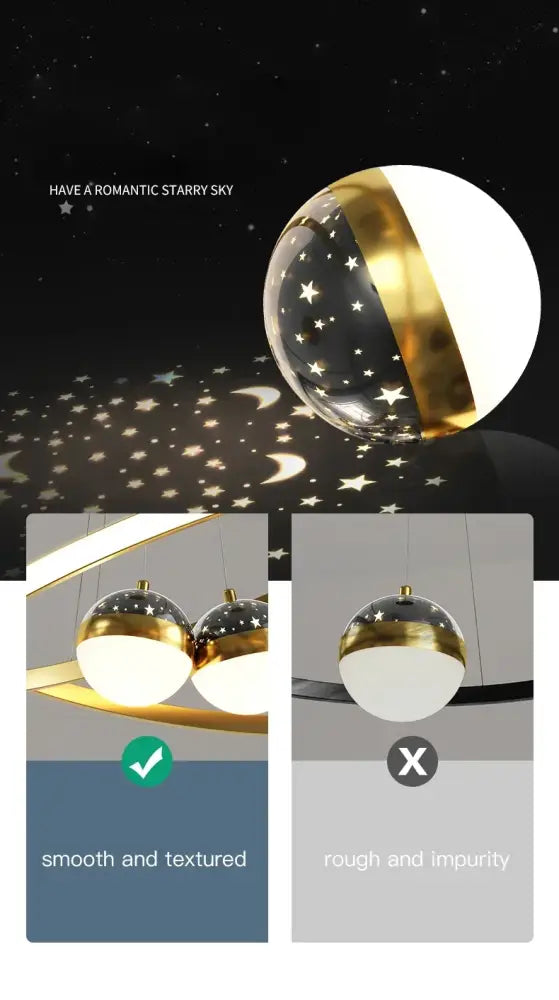 Gold and white DecorBites™ starry sky LED chandelier spherical ceiling lamp for living room with night sky projection