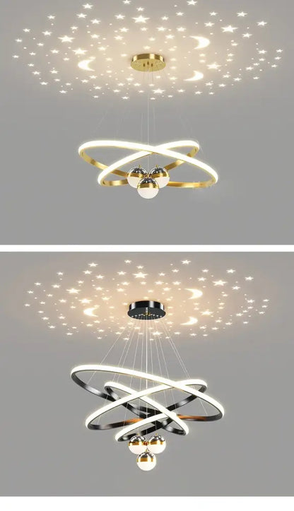 Modern minimalist led chandelier with gold rings and three bulbs projecting starry sky patterns for living room decor