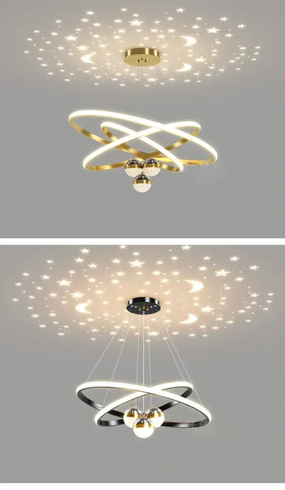 Modern minimalist DecorBites starry sky led chandelier with interlocking rings and spherical bulbs for living room in gold or black finish