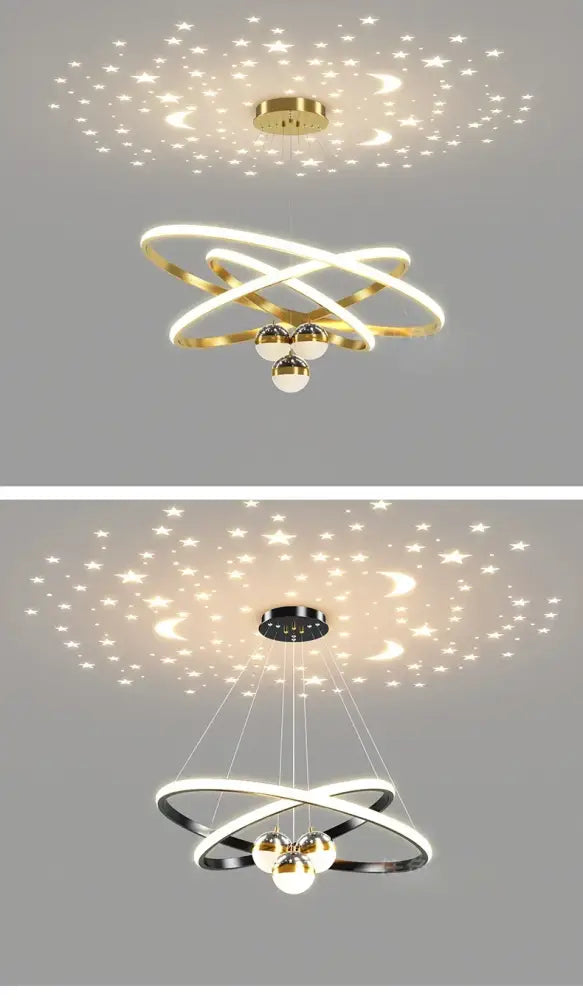 Modern minimalist DecorBites starry sky led chandelier with interlocking rings and spherical bulbs for living room in gold or black finish