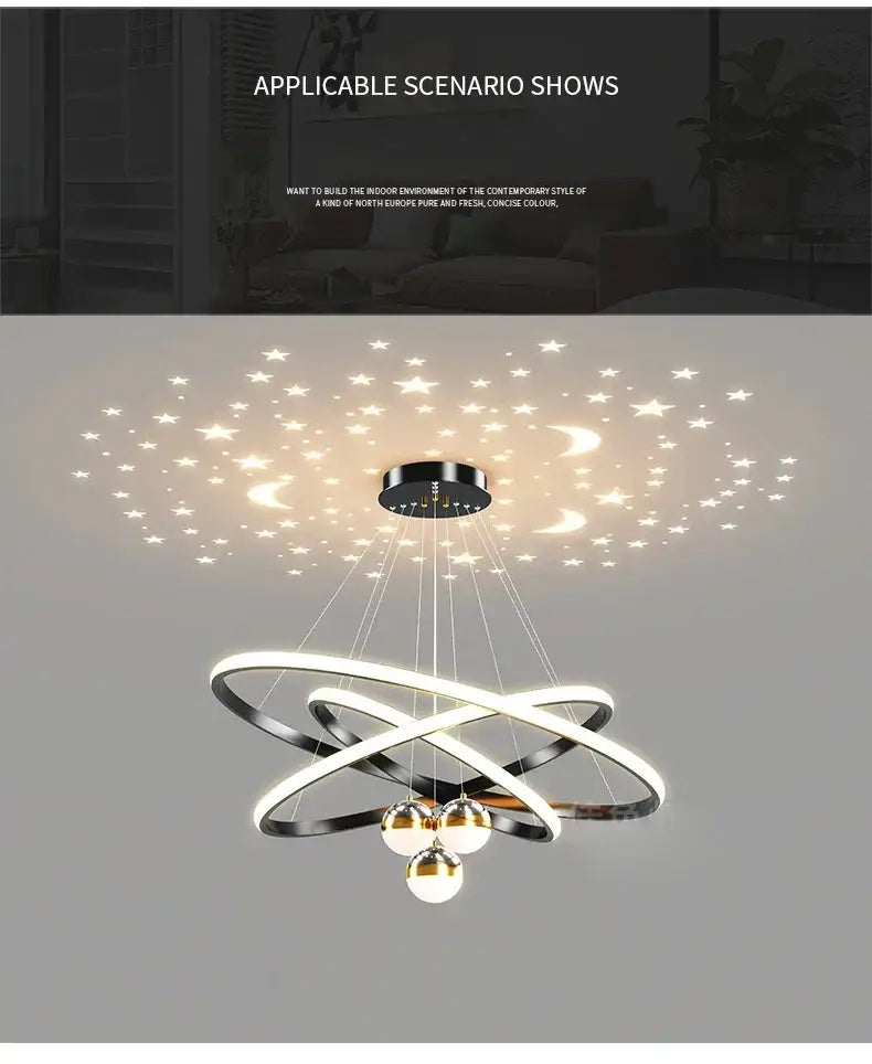 Decorbites™ starry sky led chandelier featuring modern black and white interlocking rings and spherical bulbs for living room