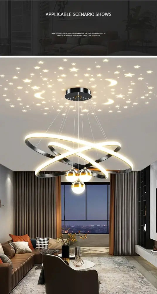 Modern black and gold led chandelier with intertwined circular rings and spherical lights for living room starry sky decor