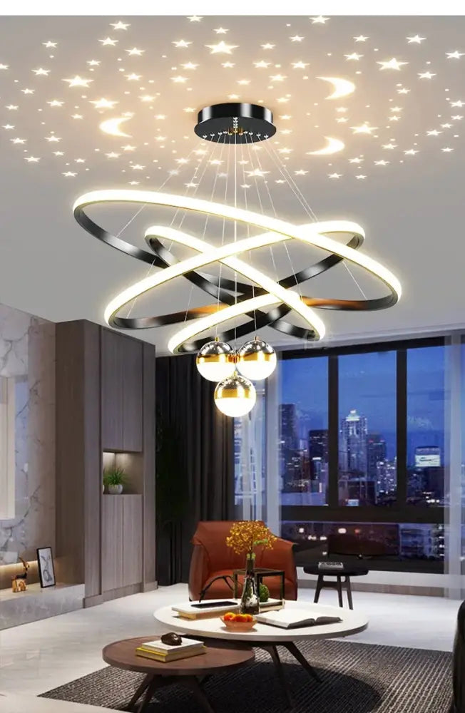 Modern black and white led chandelier with interlocking rings and spherical lights for living room starry sky decor