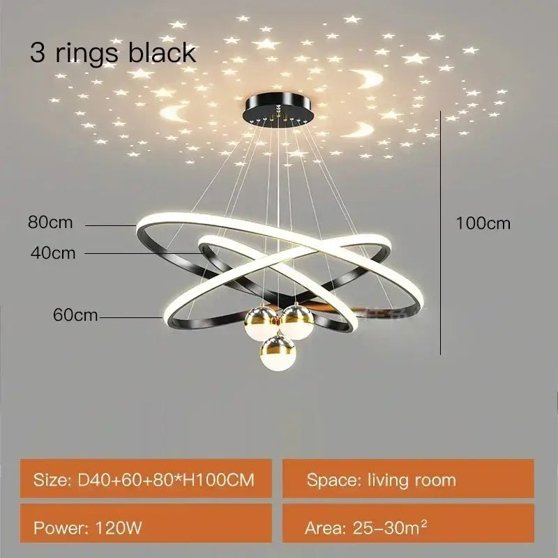 Modern black and white led chandelier with three interlocking rings and hanging bulbs for living room starry sky decor