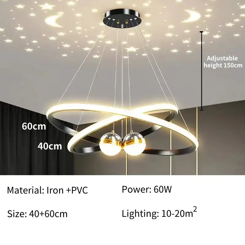 Modern black and white led chandelier with two spherical bulbs for living room inspired by starry sky design