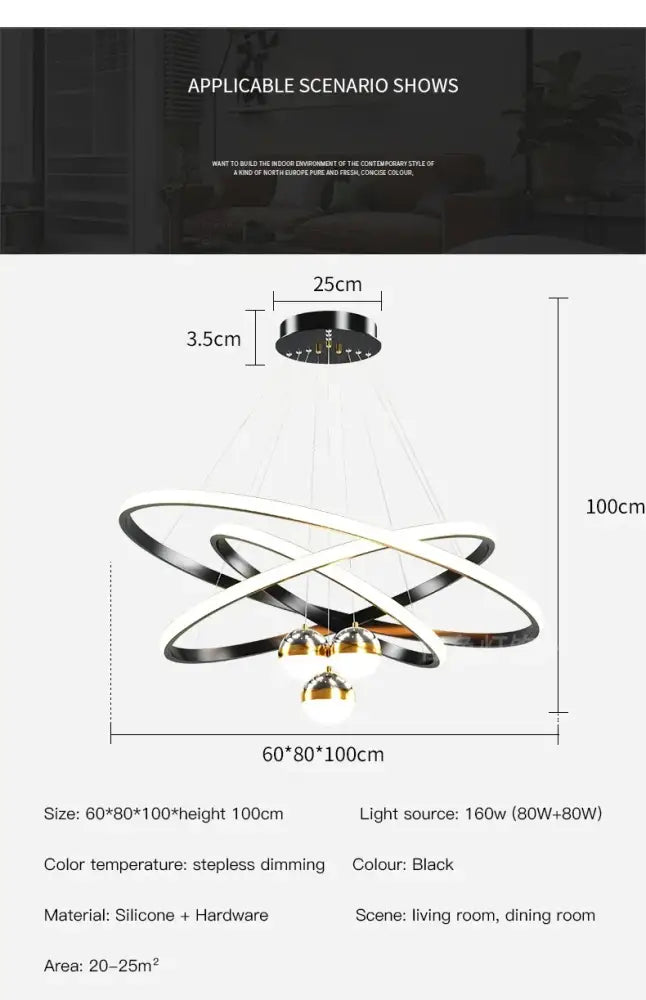 Modern black and white led chandelier with sleek interlocking ring design for living room starry sky lighting decor