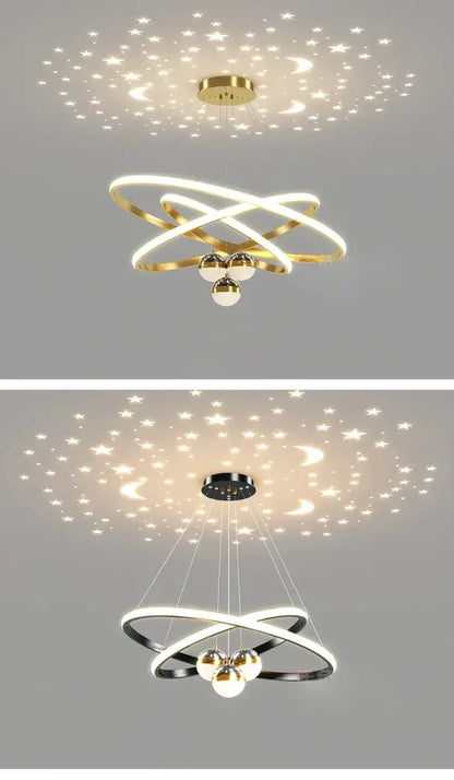 Modern DecorBites™ starry sky led chandelier with intertwined gold rings and three bulbs for living room lighting