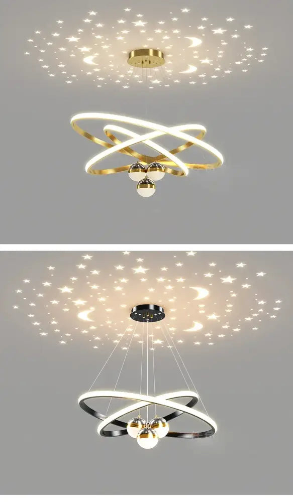 Modern DecorBites™ starry sky led chandelier with intertwined gold rings and three bulbs for living room lighting