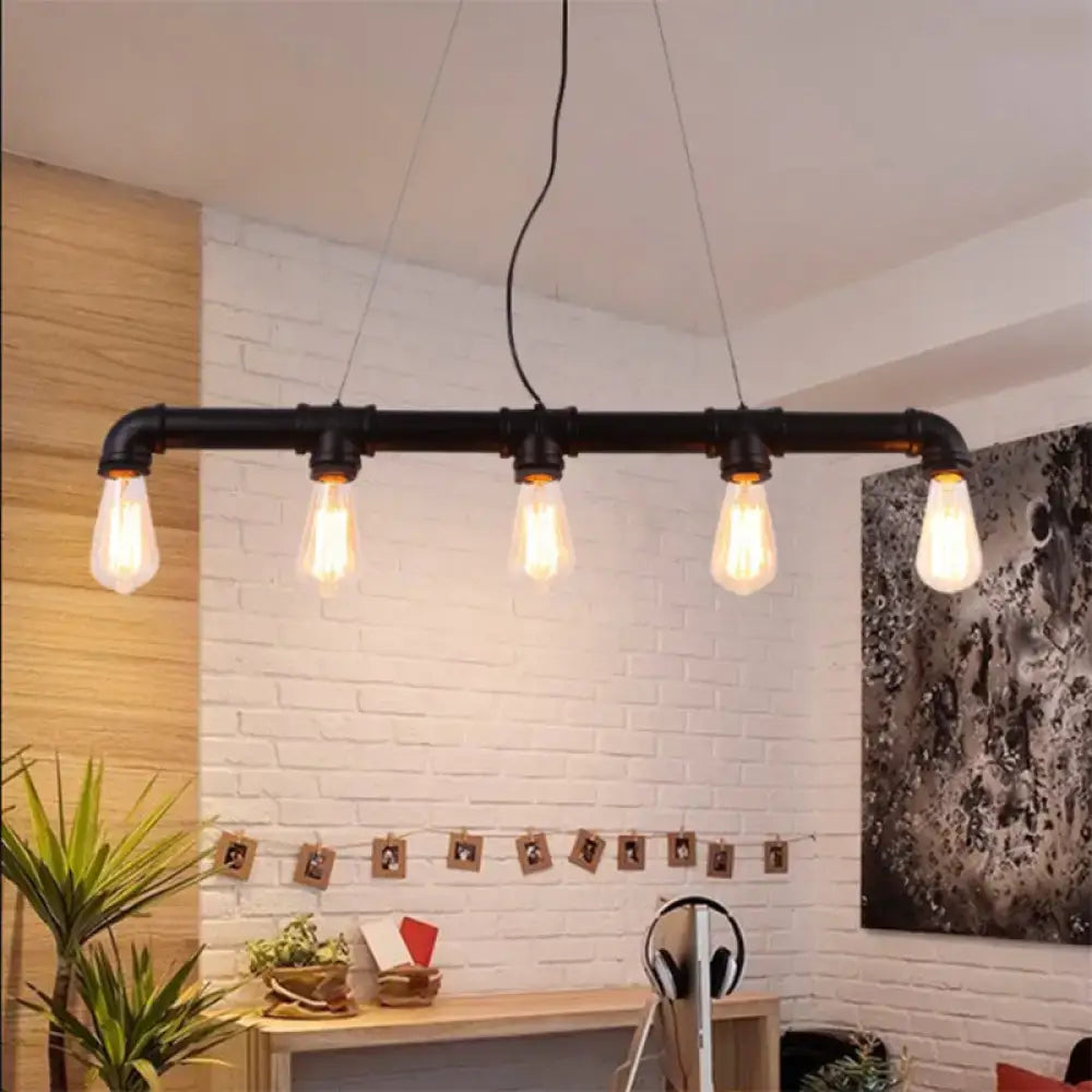 Industrial steampunk island pendant with black pipe and four exposed e26 e27 led incandescent bulbs for dining room