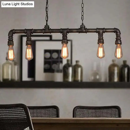DecorBites™ steampunk metal water pipe pendant light in black with four exposed bulbs ideal for dining room