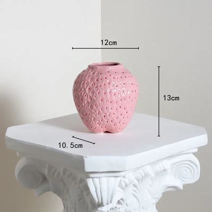 Strawberry Cartoon Ceramic Vase for Kids Room - Pink S - Vase
