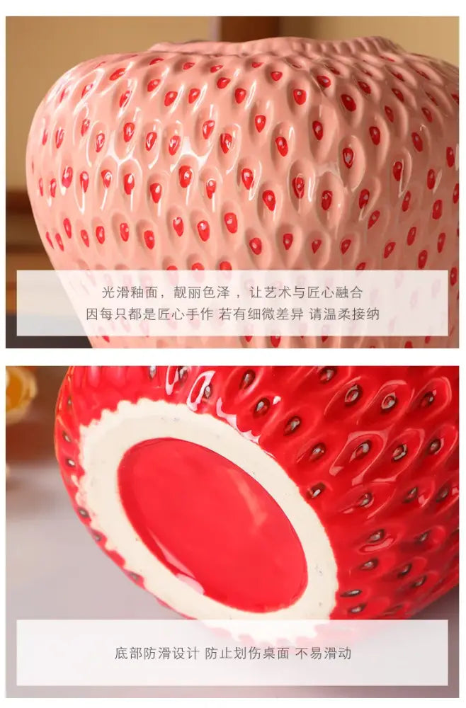 Decorbites™ strawberry cartoon ceramic vase in pink with red seed-like dots and glossy finish for kids room decor