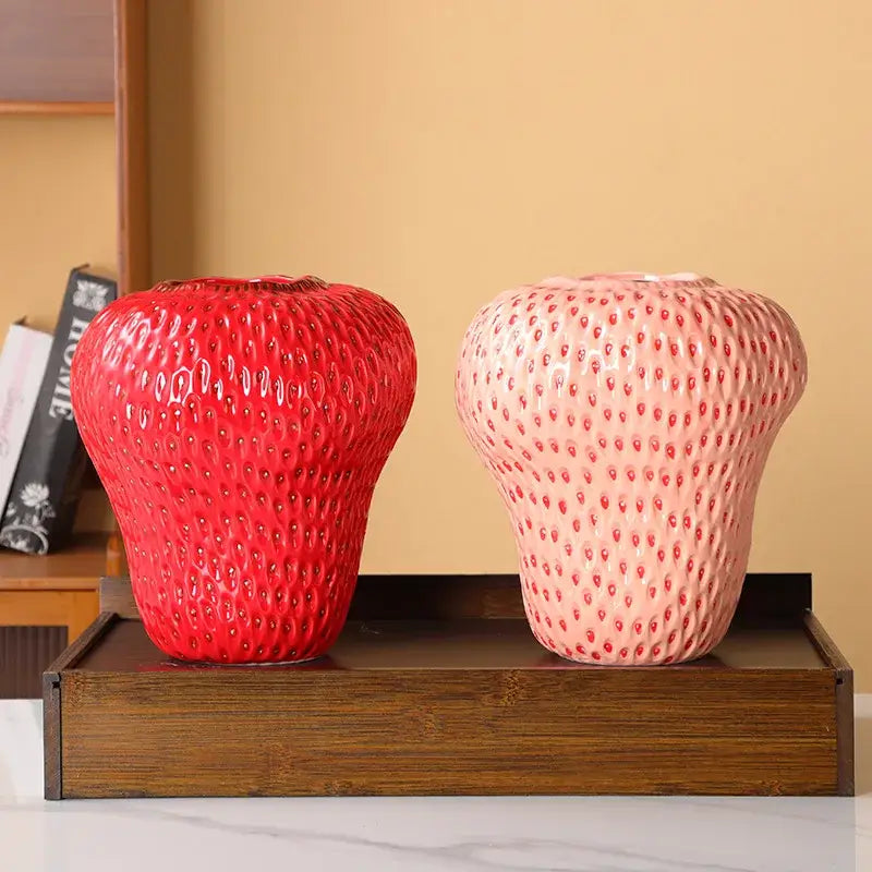 DecorBites™ strawberry cartoon ceramic vase set in red and pink with textured glossy surfaces for kids room decor