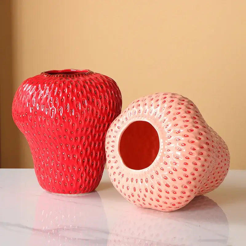 DecorBites™ strawberry cartoon ceramic vase for kids room featuring red and pink strawberry-shaped textured ceramic vases