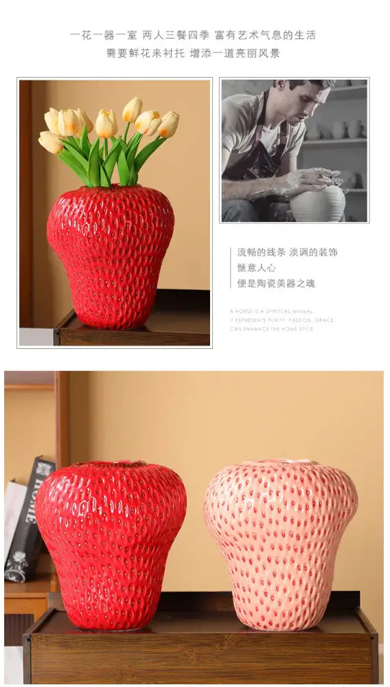 Red strawberry cartoon ceramic vase with textured surface and green stems holding yellow tulips for kids room
